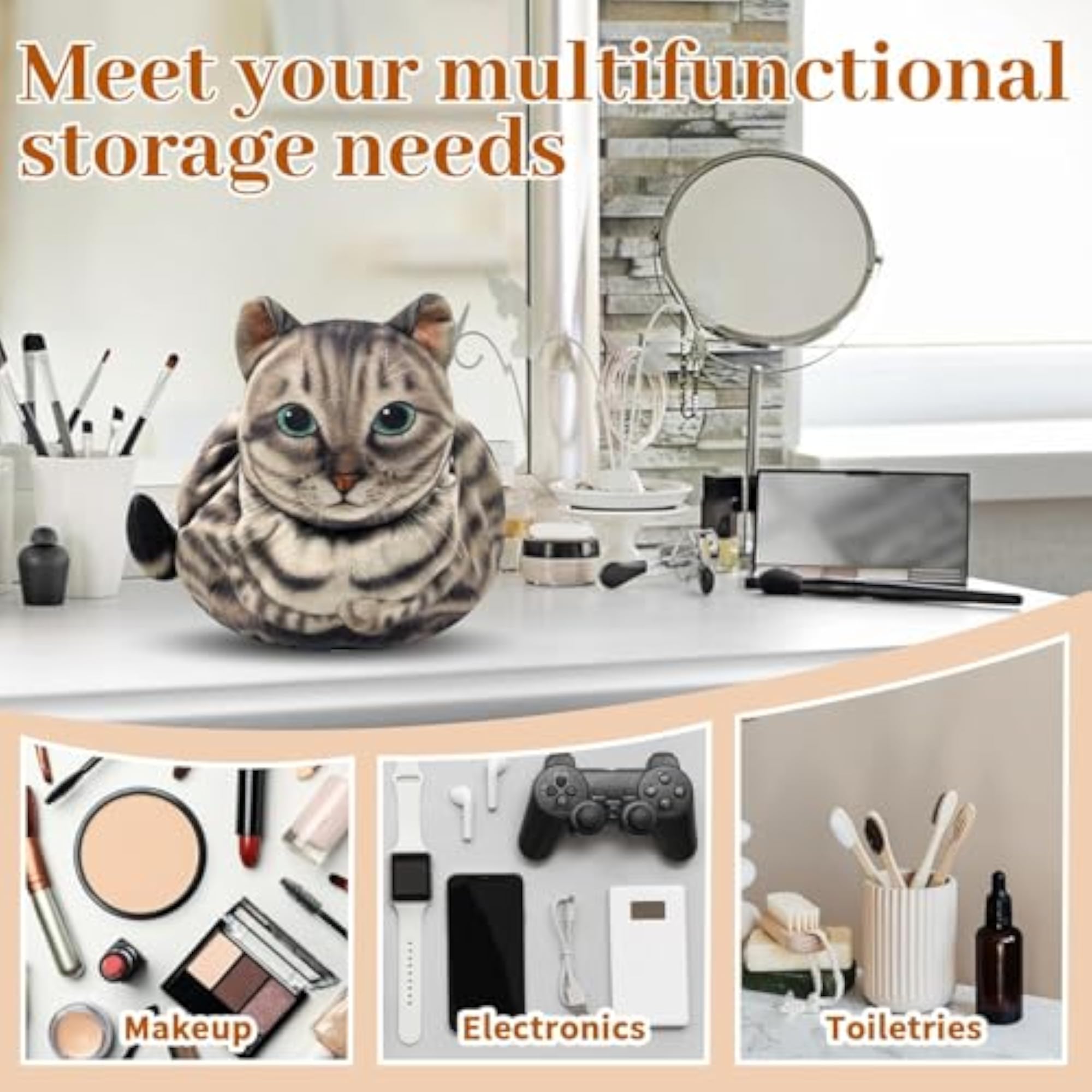 Cat Shaped Drawstring Makeup Bag, Portable Travel Cosmetic Pouch
